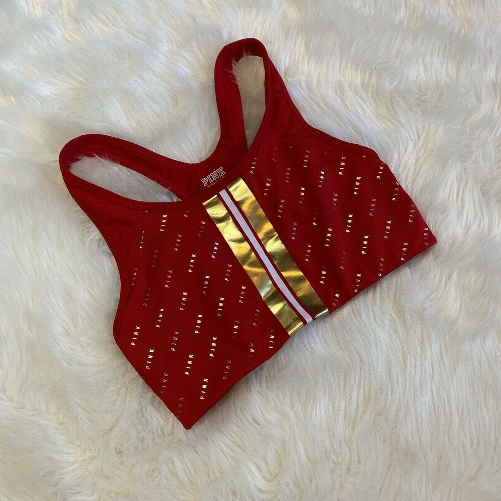 PINK Victoria’s Secret Sports Bra Red Gold & White Stripes Logo Size Medium - Picture 2 of 5